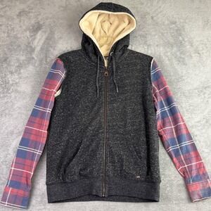 O'Neill Men's Large Fleece Lined Hoodie Plaid Sleeve Full Zip Gray Sweatshirt